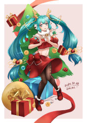 Rule 34 | 1girl, absurdres, aqua eyes, aqua hair, bell, candy, candy cane, christmas, christmas tree, dated, earmuffs, food, full body, gift, hatsune miku, heart, heart hands, highleg, highleg panties, highres, jingle bell, knees together feet apart, long hair, looking at viewer, navel, open mouth, panties, pantyhose, sack, sidelocks, skirt, solo, twintails, underwear, very long hair, vocaloid