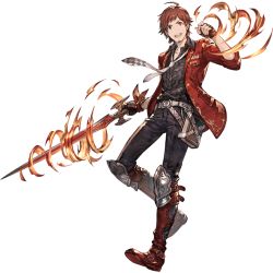 Rule 34 | 10s, 1boy, ahoge, book, facial hair, fingerless gloves, fire, full body, gloves, goatee, granblue fantasy, holding, holding weapon, idolmaster, idolmaster side-m, looking at viewer, male focus, minaba hideo, official art, open mouth, red eyes, red hair, simple background, smile, solo, sword, tendo teru, transparent background, weapon, white background, white theme