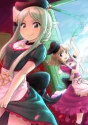 Rule 34 | 2girls, absurdres, apron, bamboo, black bow, blue sky, blush, bow, branch, brown hair, cloud, commentary request, day, door, doorway, frills, green eyes, green hair, highres, holding, leaf, looking at viewer, mary janes, multiple girls, nishida satono, open door, pink footwear, puffy short sleeves, puffy sleeves, red background, shoes, short hair with long locks, short sleeves, sky, smile, teireida mai, touhou, waist apron, wamu (chartreuse)