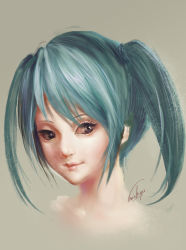 Rule 34 | 1girl, aqua hair, brown eyes, chenkiyui, eyelashes, hatsune miku, light smile, lips, portrait, realistic, signature, simple background, smile, solo, twintails, vocaloid