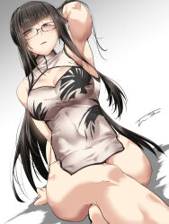 1girl bare_shoulders blush breasts brown_hair china_dress chinese_clothes cleavage cleavage_cutout clothing_cutout crossed_arms dress fate/grand_order fate_(series) glasses grey_eyes highres kurohime_(fate) large_breasts long_hair looking_at_viewer pelvic_curtain scar scar_across_eye short_dress sidelocks sitting solo tgxx3300 thighs white_dress