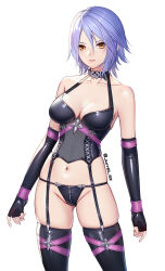 Rule 34 | 1girl, aqua (kingdom hearts), blue hair, bondage outfit, breasts, cleavage, collar, corset, dominatrix, elbow gloves, fingerless gloves, garter straps, gloves, highres, jurrig, kingdom hearts, latex, latex gloves, medium breasts, navel, panties, shiny clothes, skindentation, solo, underwear, yellow eyes, zipper, zipper panties