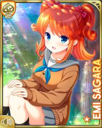 Rule 34 | 1girl, :d, blouse, blue eyes, blue neckwear, bow, brown cardigan, card (medium), cardigan, character name, day, girlfriend (kari), grey skirt, hair behind ear, hair ribbon, looking at viewer, official art, open mouth, orange hair, outdoors, pleated skirt, qp:flapper, red bow, ribbon, sagara emi, school, school uniform, shade, shirt, shoes, sitting, skirt, smile, tagme, thighhighs, tree, two side up, white shirt