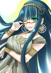 Rule 34 | 1girl, armlet, bracelet, breasts, cleavage, cleopatra (fate), cleopatra (third ascension) (fate), collarbone, dress, earrings, fate/grand order, fate (series), glasses, green eyes, green hair, grey dress, hairband, highres, hoop earrings, jewelry, liu liu, long hair, medium breasts, necklace, one eye closed, open mouth, ring, simple background, sleeveless, sleeveless dress, solo, very long hair