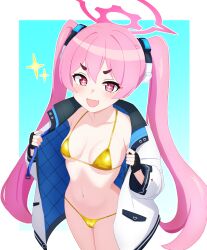 Rule 34 | + +, 1girl, bikini, blue archive, blush, breasts, cameltoe, fang, fingerless gloves, gloves, halo, highres, hururu game, jacket, koyuki (blue archive), long hair, long sleeves, micro bikini, navel, open clothes, open jacket, open mouth, pink eyes, pink hair, skin fang, small breasts, solo, sparkle, swimsuit, thick eyebrows, twintails
