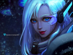 Rule 34 | 1girl, artist name, ashe (league of legends), blue eyes, blue hair, blue theme, closed mouth, commentary, commission, david pan, eyelashes, headset, league of legends, light blue hair, lips, long hair, nose, portrait, project: ashe, red lips, scouter