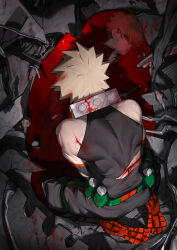 Rule 34 | 1boy, absurdres, aged down, baggy pants, bakugou katsuki, bare shoulders, belt, between legs, black footwear, black pants, black tank top, bleeding, blonde hair, blood, blood in hair, blood on back, blood on clothes, blood on ground, blood stain, boku no hero academia, boots, broken, closed mouth, collared shirt, colored shoe soles, cuts, detached sleeves, different reflection, explosive, eyes visible through hair, from above, from behind, full body, gakuran, glowing, glowing eyes, grenade, hand between legs, hand in pocket, head down, high collar, highres, injury, knee boots, knee pads, konishi (zatuizatui598), leaning forward, light, light frown, long sleeves, looking at another, male focus, pants, profile, pool of blood, red eyes, reflection, rubble, school uniform, seiza, shadow, shirt, shoe soles, short hair, sideways mouth, sitting, skin tight, sleeveless, solo, spiked hair, tank top, tire, toned, toned male, torn clothes, torn sleeve, torn tank top, wheel, white shirt, wreckage