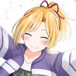 Rule 34 | 1girl, black shirt, blonde hair, closed eyes, grin, hair ribbon, jacket, kantai collection, maikaze (kancolle), official alternate costume, outstretched arms, parted bangs, ponytail, purple jacket, red ribbon, ribbon, scrunchie, shirt, short hair, smile, solo, star (symbol), starry background, upper body, white background, yunamaro