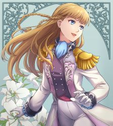 Rule 34 | 1girl, :d, blue background, blue eyes, blue neckwear, blue ribbon, bow, braid, cowboy shot, epaulettes, female focus, floating hair, floral background, flower, formal, frilled sleeves, frills, gloves, gundam, gundam wing, hair bow, hair ribbon, happy, jacket, light brown hair, lips, long hair, long sleeves, looking back, mitsucho, open mouth, pants, relena peacecraft, ribbon, smile, solo, standing, twin braids, underwear, very long hair, white flower, white gloves, white jacket, white pants