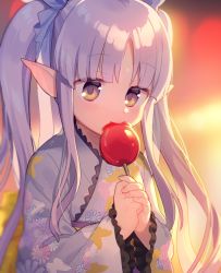 Rule 34 | 1girl, blue kimono, blurry, blurry background, blush, brown eyes, candy apple, closed mouth, commentary request, depth of field, eating, fingernails, floral print, food, holding, holding food, japanese clothes, kimono, kyoka (princess connect!), long hair, long sleeves, looking at viewer, own hands together, pointy ears, princess connect!, print kimono, purple hair, sidelocks, sleeves past wrists, solo, twintails, uso (ameuzaki), very long hair, wide sleeves
