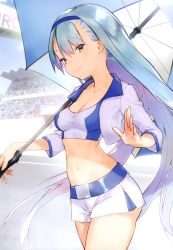 Rule 34 | 1girl, absurdres, blue hair, breasts, cleavage, closed mouth, cowboy shot, crop top, cropped, cropped jacket, green eyes, hairband, highres, jiyu2, long hair, midriff, navel, outdoors, parasol, race queen, scan, short shorts, shorts, small breasts, smile, solo, toranoana, umbrella, very long hair