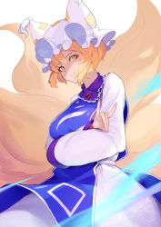 Rule 34 | 1girl, amano hagoromo, animal ears, animal hat, blonde hair, collar, crossed arms, dress, fox ears, fox shadow puppet, fox tail, frilled collar, frills, hat, highres, jewelry, kitsune, long sleeves, looking at viewer, mob cap, multiple tails, short hair, simple background, smile, solo, tabard, tail, touhou, white background, white dress, white hat, yakumo ran, yellow eyes
