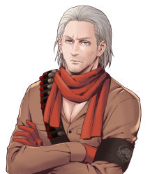 Rule 34 | 1boy, armband, bandolier, beard, blue hair, crossed arms, facial hair, furrowed brow, gloves, grey hair, lunarclinic, male focus, metal gear (series), metal gear solid v: the phantom pain, mullet, partially unbuttoned, red gloves, red scarf, revolver ocelot, scarf, simple background, solo, sweat, upper body, white background