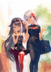 Rule 34 | 2girls, admiral graf spee (azur lane), admiral graf spee (girl&#039;s sunday) (azur lane), azur lane, bad id, bad pixiv id, bag, bare shoulders, black dress, black hair, black legwear, blue eyes, buttons, charm (object), commentary request, crepe, deutschland (azur lane), double-breasted, dress, food, hairband, hand up, holding, holding food, long hair, looking at another, multicolored hair, multiple girls, necktie, pantyhose, red hair, rias-coast, school bag, school uniform, short hair, streaked hair, striped clothes, striped legwear, striped thighhighs, thighhighs, vertical-striped clothes, vertical-striped legwear, vertical-striped thighhighs, very long hair, white hair