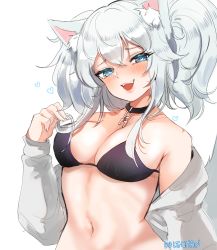 Rule 34 | 1girl, animal ears, bare shoulders, black bra, blue eyes, blue hair, blush, bra, breasts, collar, dolechan, girls&#039; frontline, heart, heart-shaped pupils, highres, large breasts, looking at viewer, medium hair, open mouth, pa-15 (girls&#039; frontline), silver hair, smile, solo, symbol-shaped pupils, twintails, underwear