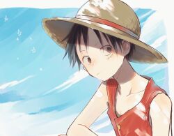 Rule 34 | 1boy, black eyes, black hair, buttons, closed mouth, commentary, hat, looking to the side, male focus, monkey d. luffy, nekochanko1, one piece, red shirt, scar, scar on face, shirt, short hair, sky, sleeveless, sleeveless shirt, solo, star (symbol), straw hat, upper body