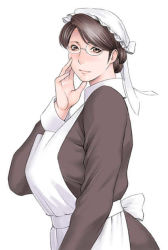 Rule 34 | 00s, 1girl, apron, arm up, breasts, brown eyes, brown hair, emma, female focus, glasses, hand on own face, hat, looking at viewer, maid, maid apron, simple background, solo, standing, takasugi kou, victorian romance emma, white background