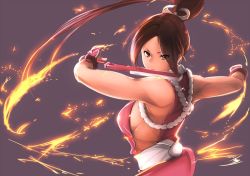 Rule 34 | 1girl, back, bare shoulders, breasts, brown eyes, brown hair, folded fan, eyes visible through hair, fatal fury, fire, folding fan, from side, hair ribbon, hand fan, high ponytail, japanese clothes, kuma8132, large breasts, lips, long hair, looking to the side, mouth hold, ninja, obi, ponytail, purple background, ribbon, rope, sash, serious, shiranui mai, sideboob, simple background, sleeveless, snk, solo, tassel, the king of fighters, upper body, white ribbon, white sash, wrist guards