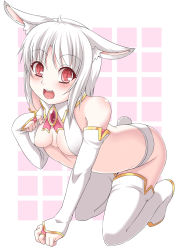 Rule 34 | 1girl, absurdres, all fours, animal ears, boots, breasts, rabbit ears, rabbit tail, cleavage, detached sleeves, highres, original, panties, red eyes, short hair, small breasts, solo, tail, takayuki hiyori, thigh boots, thighhighs, underwear, white hair