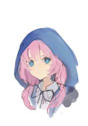 Rule 34 | 1girl, absurdres, arknights, black ribbon, blue eyes, blue hood, blue poison (arknights), commentary, cropped shoulders, english commentary, expressionless, highres, hood, hooded jacket, jacket, looking at viewer, low twintails, neck ribbon, pink hair, pomaki3, ribbon, scales, shirt, simple background, sketch, solo, twintails, white background, white shirt, wing collar