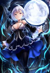 Rule 34 | 1girl, agibe, black footwear, black hat, black pantyhose, black sleeves, blue eyes, blue skirt, blush, boots, breasts, choker, cleavage, clock, clock tower, collarbone, corset, detached sleeves, frilled skirt, frills, full moon, halterneck, hat, heterochromia, highres, layered skirt, long sleeves, looking at viewer, medium breasts, moon, night, original, outdoors, outstretched arm, pantyhose, parted lips, red eyes, short hair, silver hair, skirt, smile, solo, standing, tower