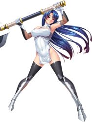 Rule 34 | 00s, 1girl, axe, bare shoulders, battle axe, black thighhighs, blue hair, bodysuit, boots, breasts, cleavage, covered navel, curvy, dress, elbow gloves, female focus, full body, gloves, holding, holding weapon, huge weapon, kagami hirotaka, large breasts, lilith-soft, long hair, looking at viewer, no bra, pelvic curtain, pink eyes, ponytail, red eyes, shiny skin, short dress, simple background, smile, solo, standing, taimanin (series), taimanin asagi, taimanin asagi kessen arena, taimanin asagi zero, taimanin murasaki, thighhighs, underwear, weapon, yatsu murasaki