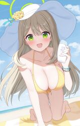Rule 34 | 1girl, bare arms, bare legs, bare shoulders, barefoot, beach, bikini, blue archive, blush, breasts, cleavage, collarbone, day, fingernails, green eyes, green halo, halo, hat, highres, kurumi lm, large breasts, light brown hair, long hair, looking at viewer, lotion, nonomi (blue archive), nonomi (swimsuit) (blue archive), ocean, official alternate costume, open mouth, outdoors, smile, solo, sunscreen, swimsuit, toes, white hat, yellow bikini