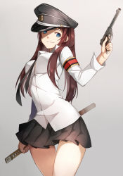 Rule 34 | 1girl, armband, bad id, bad pixiv id, blue eyes, breasts, brown hair, finger on trigger, fumio (kanmi), gun, handgun, hat, holding, holding gun, holding weapon, katana, long hair, looking at viewer, miniskirt, original, peaked cap, pistol, pleated skirt, red hair, sheath, sheathed, simple background, skirt, smile, solo, standing, sword, thigh gap, uniform, upper body, weapon
