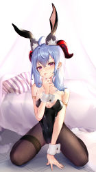 Rule 34 | 1girl, absurdres, ahoge, animal ears, armband, bad id, bad pixiv id, bare shoulders, black leotard, black pantyhose, blue hair, blush, breasts, chinese commentary, cleavage, commentary request, daqi sama, fake animal ears, ganyu (genshin impact), genshin impact, goat ears, goat horns, highres, horns, leotard, long hair, medium breasts, pantyhose, playboy bunny, purple eyes, rabbit ears, solo, tongue, tongue out, wrist cuffs