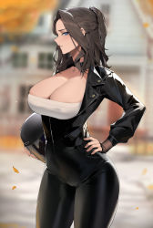 Rule 34 | 1girl, absurdres, alios arvin, biker, black choker, blue eyes, blurry, blurry background, breasts, brown hair, choker, cleavage, commentary request, commission, helmet, highres, holding, holding helmet, inoue iris (sdustz), jacket, large breasts, long sleeves, looking at viewer, mature female, original, pixiv commission, short hair, solo