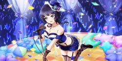 Rule 34 | 1girl, artist request, asaka karin, audience, bare shoulders, blue eyes, blue feathers, blue flower, blue rose, blue skirt, blush, bracelet, breasts, cleavage, collarbone, concert, confetti, corset, curtains, feathers, flower, frills, garter straps, gloves, glowstick, hat, high heels, highres, idol, jewelry, lace, leaning forward, leg up, looking at viewer, love live!, love live! nijigasaki high school idol club, love live! school idol festival all stars, love live! school idol project, medium breasts, microphone, miniskirt, mole, mole on breast, necklace, official art, purple hair, rose, skirt, smile, solo, stage, standing, star (symbol), starlight (love live!), striped clothes, striped thighhighs, thighhighs, top hat, vertical-striped clothes, vertical-striped thighhighs