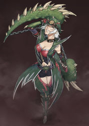 Rule 34 | armor, breasts, capcom, chain, cleavage, deviljho (armor), dual wielding, grin, hat, highres, holding, monster hunter (series), short hair, smile, weapon, white hair, yellow eyes