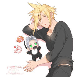 Rule 34 | 2boys, aged down, baby, black pants, black shirt, blonde hair, blush, closed eyes, cloud strife, earrings, final fantasy, final fantasy vii, final fantasy vii remake, jewelry, krudears, long sleeves, male focus, moogle, multiple boys, onesie, pacifier, pants, parted bangs, ring, sephiroth, shirt, silver hair, single earring, sleeping, spiked hair, square enix, toy, upper body, white background