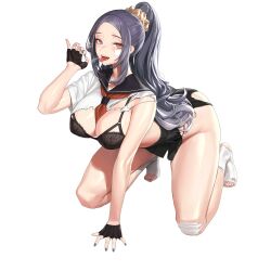 Rule 34 | 1girl, bandaid, bandaid on face, bandaid on knee, bandaid on leg, bare legs, black bra, black gloves, black panties, black skirt, blue eyes, blush, bra, breasts, breath, candy, cleavage, cropped shirt, delinquent, fellatio gesture, fingerless gloves, floral print, food, food in mouth, full body, gloves, grey hair, grey nails, gstiyl, hair ornament, hair scrunchie, half gloves, hand on ground, high ponytail, highres, kneeling, lace, lace bra, large breasts, last origin, lollipop, long hair, looking at viewer, microskirt, nail polish, neckerchief, neckerchief between breasts, official alternate costume, official art, open mouth, panties, panty straps, pleated skirt, red neckerchief, saliva, saliva trail, school uniform, scrunchie, serafuku, shirt, short sleeves, sidelocks, simple background, skirt, socks, solo, spread legs, string panties, sukeban, tachi-e, teeth, third-party source, toenail polish, toenails, tongue, tongue out, torn clothes, torn shirt, torn skirt, torn socks, transparent background, underwear, upper teeth only, war wolf (last origin), white serafuku, white socks, yellow scrunchie
