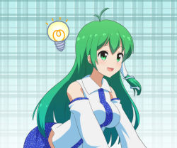 Rule 34 | 1girl, ahoge, bare shoulders, blue background, blue skirt, blush, breasts, cato (monocatienus), collared shirt, commentary request, detached sleeves, gradient background, green eyes, green hair, hair between eyes, hair ornament, hair tubes, kochiya sanae, lamp, large breasts, long hair, long sleeves, looking to the side, open mouth, plaid, plaid background, shirt, skirt, smile, snake hair ornament, solo, standing, touhou, white shirt, wide sleeves