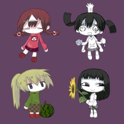 Rule 34 | 4girls, 6 9, black eyes, black hair, blonde hair, blunt bangs, braid, brown hair, brown skirt, checkered clothes, checkered skirt, chibi, closed eyes, closed mouth, collared shirt, colored skin, commentary request, dripping eye, expressionless, extra arms, flat chest, flower, food, fruit, full body, gedougawa, green sweater, grey skirt, hair between eyes, holding, holding flower, long hair, long sleeves, looking at viewer, looking to the side, madotsuki, medium bangs, medium hair, monoe, monoko, multiple girls, open mouth, pink sweater, poniko, ponytail, purple eyes, purple skirt, red footwear, shirt, shoes, short sleeves, simple background, skirt, smile, standing, sunflower, sweater, turtleneck, twin braids, twintails, watermelon, white footwear, white shirt, white skin, yellow flower, yume nikki