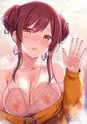 Rule 34 | 1girl, against glass, blush, breast press, breasts, breasts on glass, brown hair, cai geng, cleavage, covered erect nipples, double bun, earrings, hair bun, hand on glass, heavy breathing, idolmaster, idolmaster shiny colors, jewelry, large breasts, looking at viewer, nail polish, necklace, nipples, open mouth, osaki amana, see-through, short hair, sidelocks, solo, strap slip, tank top, yellow eyes