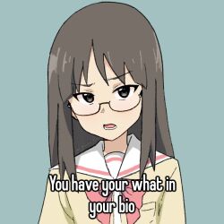 Rule 34 | 1girl, artist name, bow, bowtie, brown eyes, brown hair, commentary, disgust, english commentary, english text, glasses, green background, highres, long hair, long sleeves, looking at viewer, minakami mai, nichijou, open mouth, portrait, raised eyebrow, red bow, red bowtie, sailor collar, school uniform, shirt, simple background, solo, the freakin yui, tokisadame school uniform, white sailor collar, yellow shirt