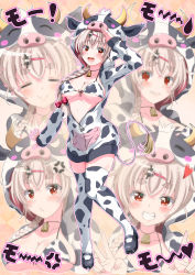 Rule 34 | 1girl, @ @, absurdres, animal costume, animal print, arm up, bikini, bikini top only, black footwear, blush, breasts, brown hair, chinese zodiac, cleavage, cow, cow costume, cow print, cow tail, eggman (pixiv28975023), closed eyes, facing viewer, hair ornament, hairclip, highres, hood, hoodie, large breasts, looking at viewer, open mouth, original, personification, red eyes, smile, swimsuit, tail, thighhighs, underboob, year of the ox