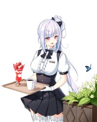 Rule 34 | 1girl, :d, badge, black bow, black bowtie, black skirt, blue butterfly, bow, bowtie, breasts, bright pupils, bug, butterfly, center frills, closers, coffee, collared shirt, cowboy shot, cup, disposable cup, drinking glass, flower, flower bed, food, frills, fruit, garter straps, gloves, hair bow, high-waist skirt, highres, holding, holding tray, ice cream, insect, lace, lace-trimmed thighhighs, large breasts, long hair, looking at animal, miniskirt, mirae (closers), mug, official art, open mouth, pink eyes, pleated skirt, ponytail, puffy short sleeves, puffy sleeves, shirt, short sleeves, skirt, smile, solo, strawberry, strawberry slice, sundae, suspender skirt, suspenders, thighhighs, tray, turning head, underbust, very long hair, waitress, white background, white gloves, white hair, white pupils, white shirt, white thighhighs, yellow flower, zettai ryouiki