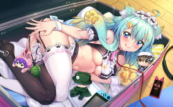 Rule 34 | 1girl, :q, absurdres, ahoge, animal ear fluff, animal ears, apron, aqua hair, armpit crease, ass, asymmetrical legwear, bag, bare shoulders, black footwear, black panties, black thighhighs, blue eyes, breasts, cat ears, center frills, character doll, closed mouth, covered erect nipples, detached sleeves, frills, garter straps, gradient hair, hair ornament, hairclip, high heels, highres, in bag, in container, indie virtual youtuber, lanmewko, large breasts, long hair, looking at viewer, lying, maid apron, maid headdress, midriff, mismatched legwear, multicolored hair, navel, necktie, nintendo switch, on side, panties, prehensile hair, raised eyebrow, revealing clothes, shennai misha, shoes, short necktie, smile, solo, stomach, thighhighs, thighs, tongue, tongue out, underboob, underwear, virtual youtuber, waist apron, white thighhighs, wing collar, wrist cuffs