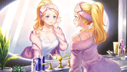 Rule 34 | 1girl, bare shoulders, blonde hair, breasts, cleavage, collarbone, commentary request, dress, faucet, forehead, fujima takuya, highres, highspeed etoile, hood, hood down, hooded jacket, indoors, jacket, medium breasts, mirror, multiple views, official art, pink jacket, plant, ponytail, potted plant, purple eyes, reflection, sleeveless, sleeveless dress, sophia b tokitou, swept bangs, white dress