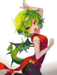 Rule 34 | 1girl, absurdres, arm up, black pants, blush, breasts, brown eyes, china dress, chinese clothes, draco centauros, dragon girl, dragon horns, dragon tail, dragon wings, dress, elbow gloves, fang, gloves, gradient background, green hair, highres, horns, looking at viewer, medium breasts, offbeat, open mouth, pants, pointy ears, puyopuyo, red dress, red footwear, shiny clothes, sleeveless, sleeveless dress, smile, solo, tail, white gloves, wings