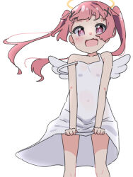 Rule 34 | 1girl, :d, bare arms, bare shoulders, blush, commentary request, covered navel, dress, fang, feet out of frame, floral print, hair ornament, halo, highres, kapuru 0410, long hair, looking at viewer, mini wings, open mouth, pink hair, purple eyes, simple background, skirt hold, sleeveless, sleeveless dress, smile, solo, standing, strap slip, tanemura koyori, twintails, very long hair, watashi ni tenshi ga maiorita!, white background, white dress, white wings, wings, x hair ornament