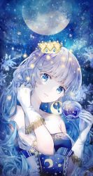 Rule 34 | 1girl, bad id, bad twitter id, blue eyes, blue hair, blue theme, blunt bangs, collarbone, cup, earrings, expressionless, galaxy, gloves, gradient hair, highres, hitoba, holding, holding cup, jewelry, looking at viewer, moon, moon print, multicolored hair, off shoulder, original, purple hair, short sleeves, solo, sparkle, star (symbol), star print, tassel, tiara, transparent, upper body, wavy hair, white gloves