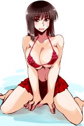 Rule 34 | 00s, 1girl, :d, barefoot, bikini, black eyes, black hair, breasts, cleavage, collarbone, cosaten, female focus, frilled bikini, frills, highres, large breasts, navel, open clothes, open mouth, pleated skirt, red bikini, red skirt, school rumble, simple background, sitting, skirt, smile, solo, suou mikoto (school rumble), swimsuit, wariza