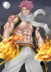 Rule 34 | 1boy, abs, brown eyes, fairy tail, fire, highres, jacket, looking to the side, moon, muscular, muscular arms, muscular male, natsu dragneel, night, nipples, no shirt, aged up, pectorals, pink hair, scar, scarf, tattoo