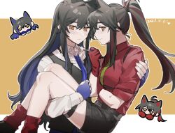 Rule 34 | 2girls, animal ears, arknights, black hair, black shorts, blue gloves, blue hair, blue necktie, carrying, carrying person, closed mouth, collared shirt, colored inner hair, dated, dual persona, fingerless gloves, gloves, green necktie, highres, jsjdndhidnshssj, long hair, multicolored hair, multiple girls, necktie, official alternate costume, ponytail, red gloves, red hair, red shirt, red socks, shirt, shorts, socks, texas (arknights), texas (willpower) (arknights), texas the omertosa (arknights), white shirt, wolf ears