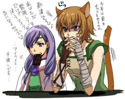 Rule 34 | 2girls, animal ears, bandages, brown hair, chocolate, eating, fire emblem, fire emblem: path of radiance, fire emblem: radiant dawn, gloves, ilyana (fire emblem), laguz (race), lethe (fire emblem), long hair, low-tied long hair, lowres, multiple girls, nintendo, purple eyes, purple hair, tail, translation request