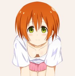 Rule 34 | 10s, 1girl, all fours, animated, animated gif, blush, breasts, cleavage, downblouse, extended downblouse, gradient background, green eyes, hanging breasts, hoshizora rin, inou eita, looking at viewer, love live!, love live! school idol project, medium breasts, no bra, open mouth, orange hair, short hair, simple background, skirt, solo, wind